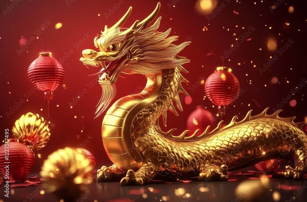 Fototapeta premium Festive Chinese lanterns accentuate the dragon motif.