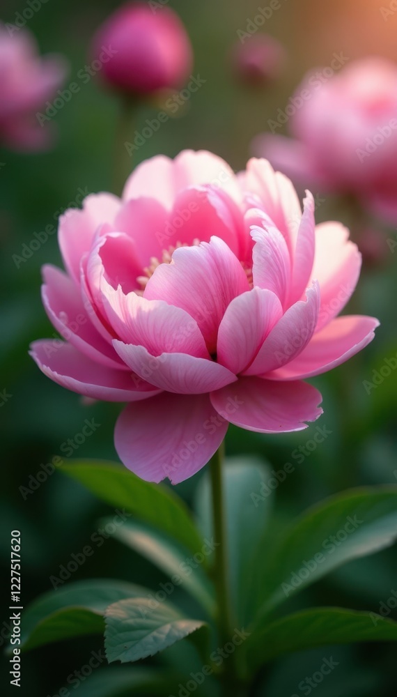 Soft pink peony blossoms, lush petals, blurred background, floral, art Soft pink peony blossoms, lush petals, blurred background, floral, art