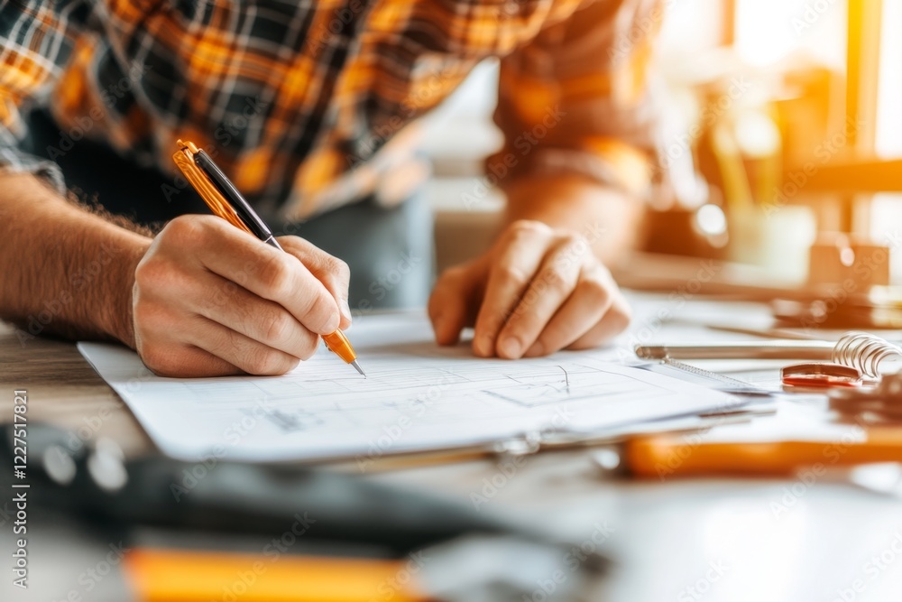 A plumber writing up an estimate for repairs under a kitchen sink, with tools and materials scattered around A plumber writing up an estimate for repairs under a kitchen sink, with tools and materials scattered around