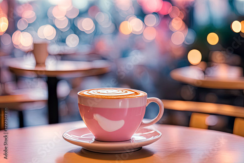 Warm cup of coffee on a table with colorful bokeh lights in the background during evening time