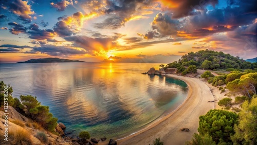 Panoramic view of the beach at sunset on Sithonia peninsula  scenic coastline  sky