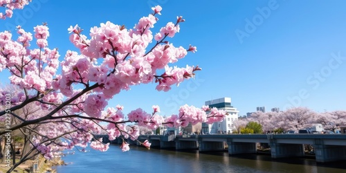 Pink cherry blossoms against a clear blue sky above the Meguro River, Meguro River, scenery photo