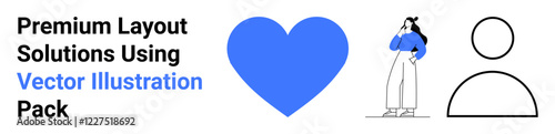 Free Download Blue heart, female character with mobile, simple user outline symbol. Ideal for branding, digital interfaces, marketing, social media, presentations, UIUX use flat landing page banner - GFXLoad