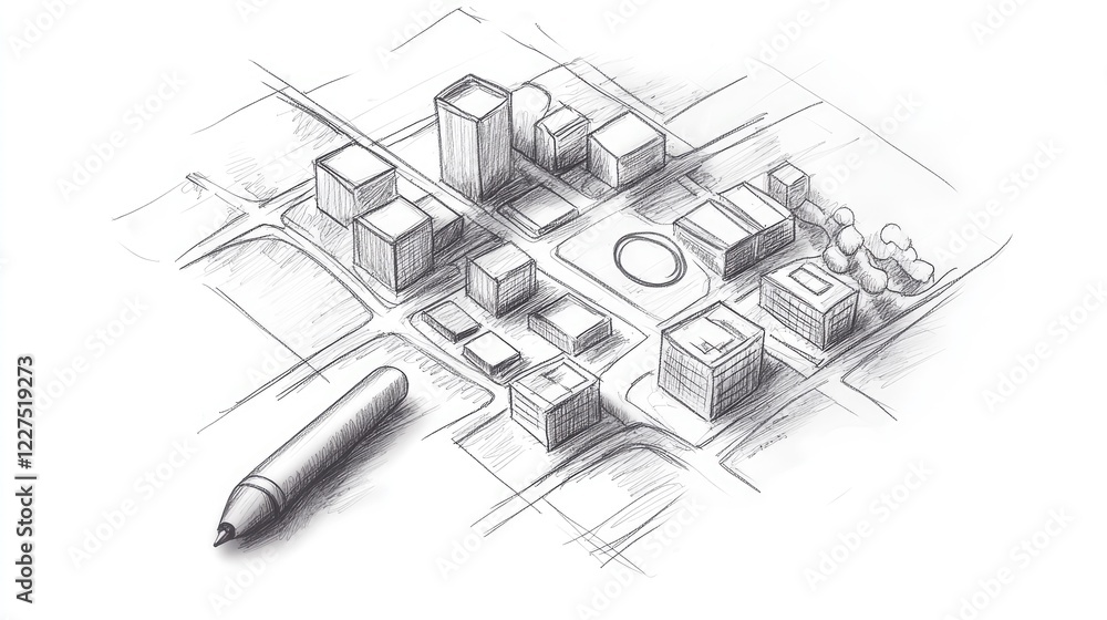 Fototapeta premium A sketch of a map with pathways, buildings, and a bold search icon drawn on a plain white background, symbolizing the journey of discovery and strategic planning