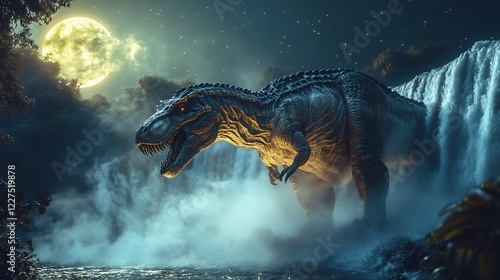 Baryonyx walkeri belonging the Spinosauridae family standing at the base of a moonlit waterfall during the Early Cretaceous period as mist rises around it photo