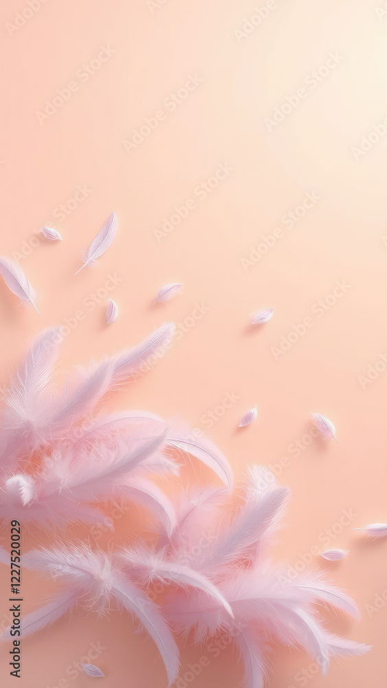 Fototapeta premium Pale lavender feathers scattered on a soft peach background with subtle gradient effect, serene landscape, calming effect, soft focus, gradient effect, soothing environment.