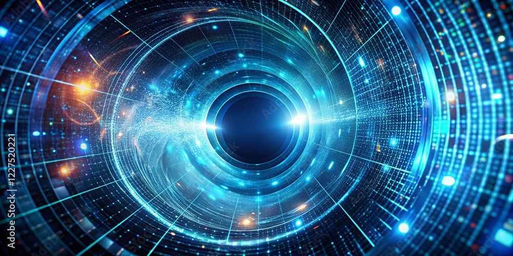 Obraz premium Abstract Technological Tunnel: Blue Wormhole & Big Data, 3D Render