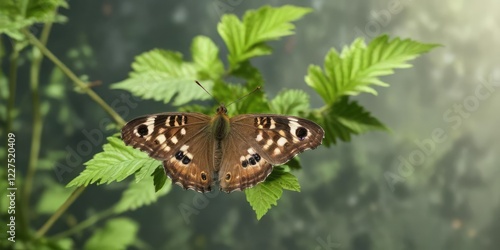 Speckled wood pararge aegeria on green nettle in flight, motion, butterfly photo