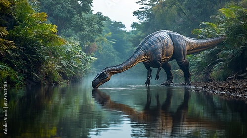 Camarasaurus lentus the Camarasauridae family drinking from a prehistoric river during the Late Jurassic period surrounded by lush greenery under morning light photo