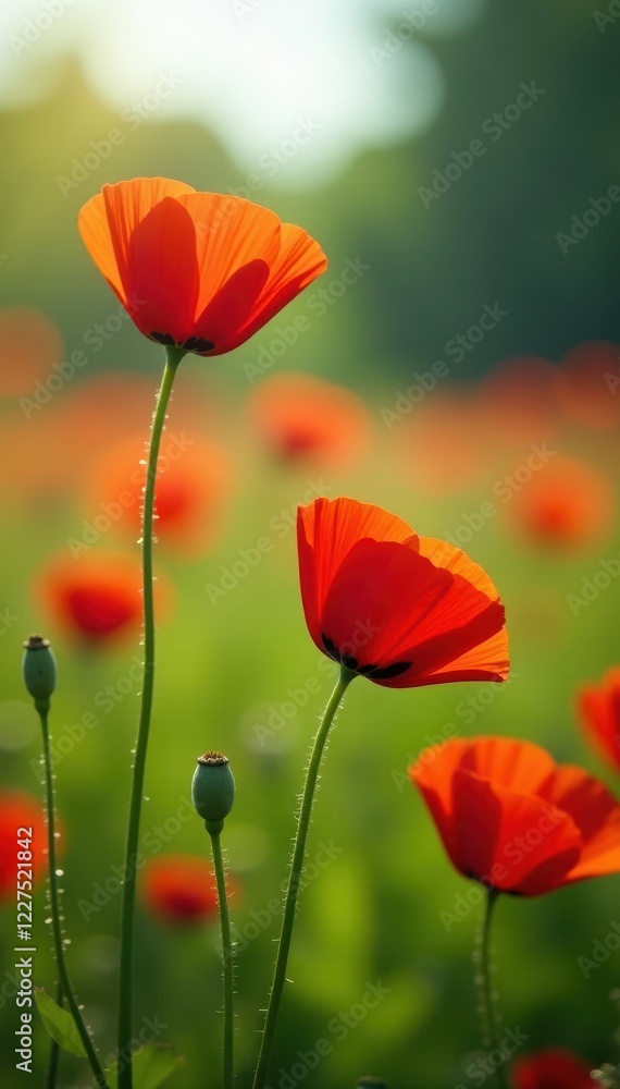 Vibrant red poppies bloom in a sun-drenched summer meadow , blossom, field Vibrant red poppies bloom in a sun-drenched summer meadow , blossom, field