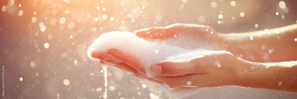 Fototapeta premium Sparkling Clean Close-Up of Hands Lathering Up with Soap, Sunlight Filtering Through