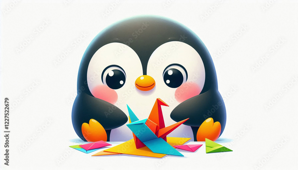 Fototapeta premium Cute penguin with big eyes carefully making an origami crane at a table