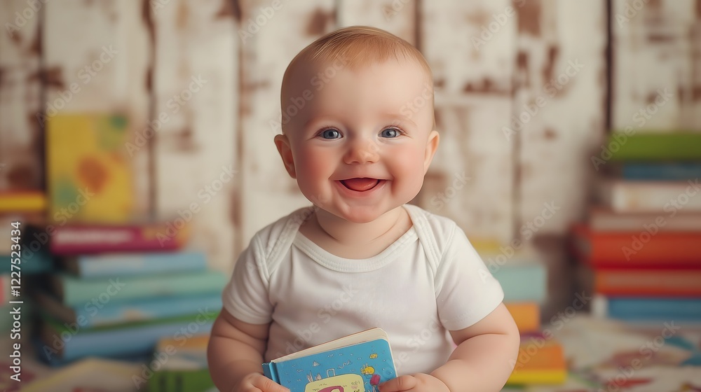 Baby boy sitting on a pile of colorful children's books with a bright smile in a cozy environment Baby boy sitting on a pile of colorful children's books with a bright smile in a cozy environment