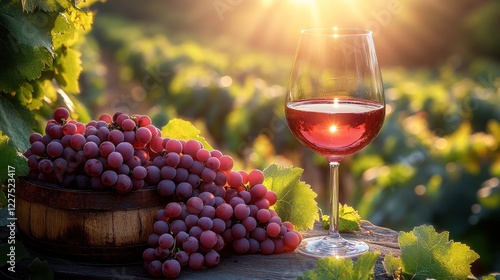 Wallpaper Mural Sunset Ros? wine glass and grapes in vineyard. Torontodigital.ca