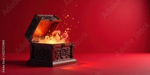 An ornate wooden chest, open to reveal a vibrant, golden luminescence and sparkling particles, against a rich crimson backdrop. photo