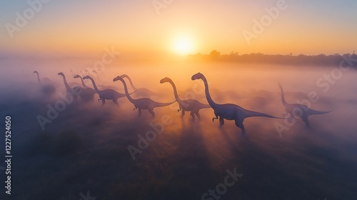 Diplodocus carnegii belonging the Diplodocidae family migrating through a foggy grassland during the Late Jurassic period with long necks emerging from the morning mist photo