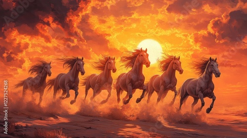 A stunning moment frozen in time as seven horses gallop together on a dusty plain, their flowing manes and the setting sun creating a perfect image of wild beauty