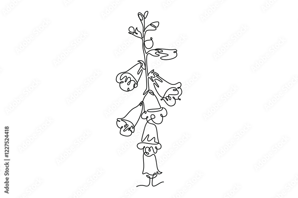 Obraz premium Continuous one line drawing beauty fresh foxglove for garden logo. Decorative digitalis purpurea flower concept for home wall decoration poster art. Single line draw design vector graphic illustration