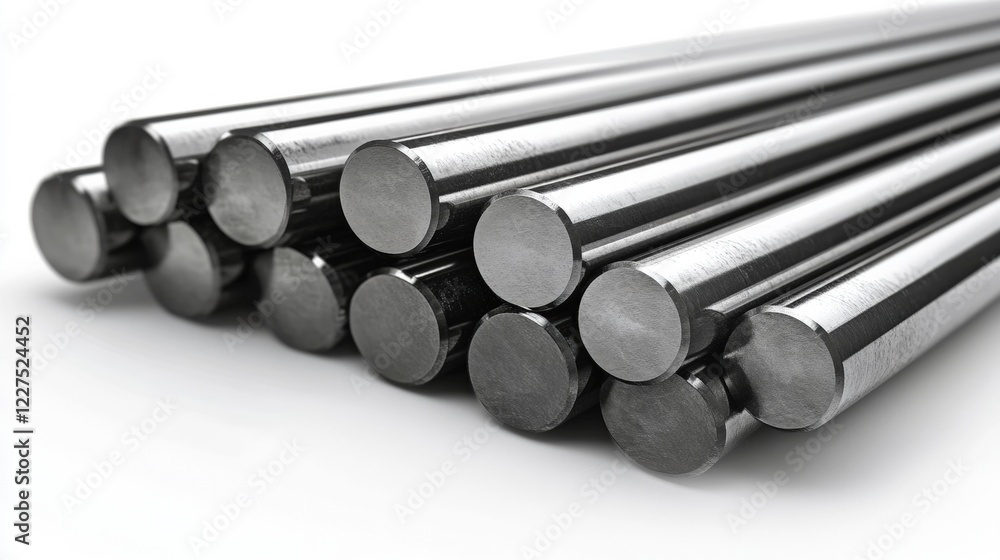 Realistic 3D Rendering of Steel Round Bars Arranged Neatly on a Bright White Background for Use in Industrial and Commercial Projects Realistic 3D Rendering of Steel Round Bars Arranged Neatly on a Bright White Background for Use in Industrial and Commercial Projects