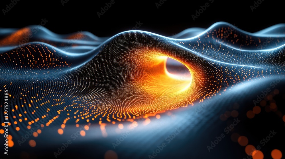 Abstract digital landscape showcasing illuminated wave patterns with glowing particles and depth Abstract digital landscape showcasing illuminated wave patterns with glowing particles and depth