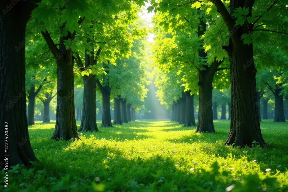 Naklejka premium Dense young trees, fresh green leaves, sunlight filtering through, forest, overhead