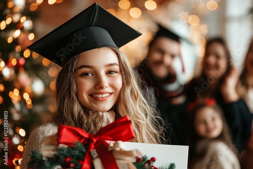 A university graduate holding a diploma, symbolizing their entitlement to pursue a professional career, with family members celebrating in the background photo