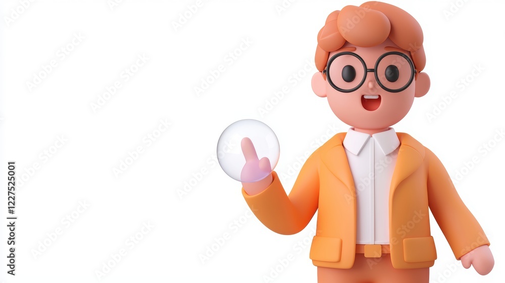 A cheerful cartoon character with orange hair and glasses, pointing while holding a bubble, dressed in an orange suit against a plain background. A cheerful cartoon character with orange hair and glasses, pointing while holding a bubble, dressed in an orange suit against a plain background.