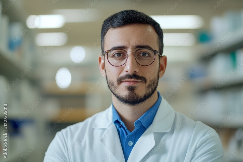 A pharmacist in white lab coat stands with crossed arms, showcasing confidence and professionalism in a pharmacy filled with shelves of medications during the day A pharmacist in white lab coat stands with crossed arms, showcasing confidence and professionalism in a pharmacy filled with shelves of medications during the day