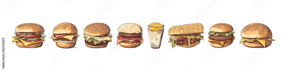 Hand draw set with burger. Vector illustration. Fast food.