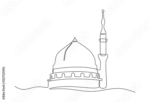 Continuous single line drawing of Nabawi's dome mosque and minaret. Minimalist Islamic design element. photo