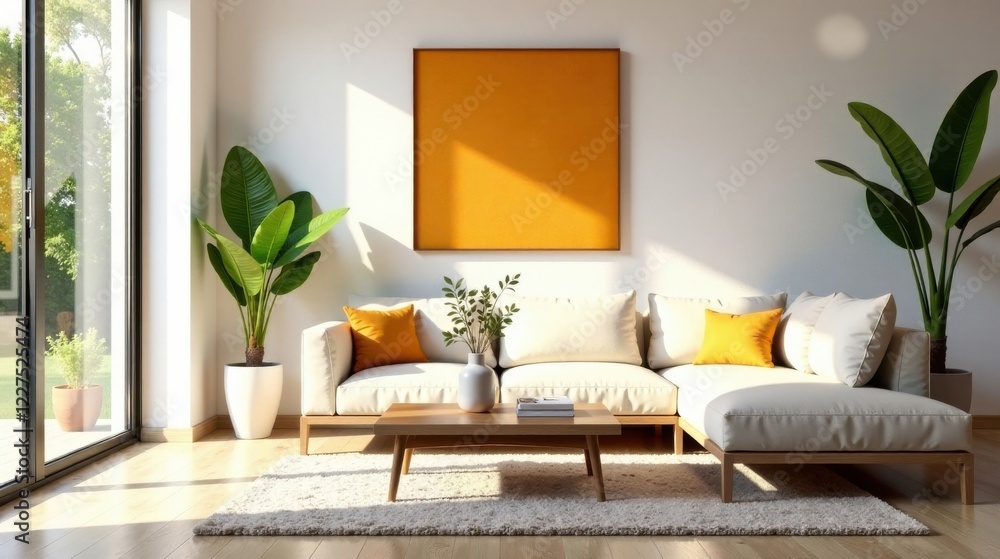 Naklejka premium Modern Sectional Sofa in Sunlit Room with Minimalist Decor and Natural Elements