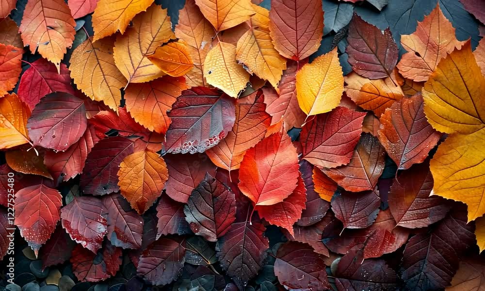 Vibrant autumn leaves in varied shades of red, orange, and yellow scattered on a dark surface Vibrant autumn leaves in varied shades of red, orange, and yellow scattered on a dark surface