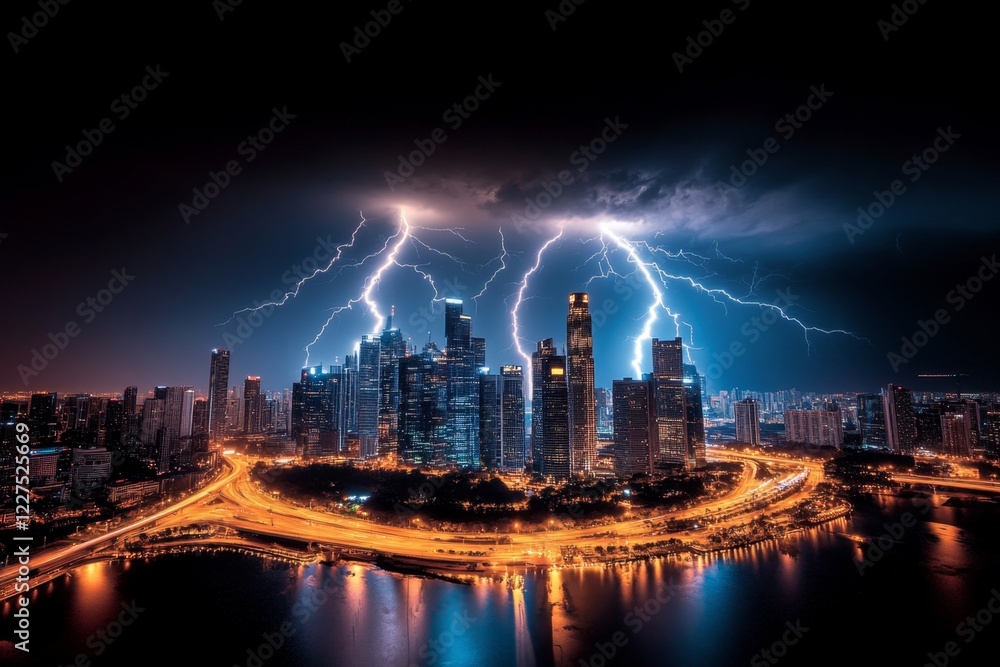 Obraz premium A powerful thunderstorm over a city, with lightning bolts striking dramatically near skyscrapers