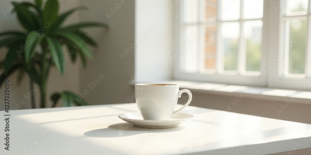 A single cup of coffee sits on a saucer, bathed in sunlight streaming through a nearby window, peaceful morning ambiance A single cup of coffee sits on a saucer, bathed in sunlight streaming through a nearby window, peaceful morning ambiance