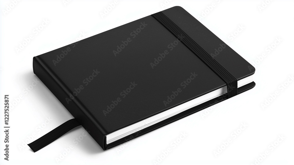 Ultra-realistic image of a small black notebook with an elastic band, isolated on a white background
Ultra-realistic image of a small black notebook with an elastic band, isolated on a white background