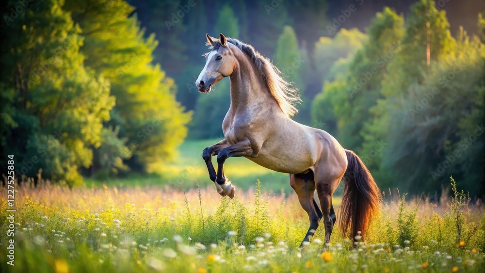 Elegant horse stands on hind legs with front legs folded, posing majestically in a lush green meadow amidst wildflowers and trees, beautiful horse, majestic pose Elegant horse stands on hind legs with front legs folded, posing majestically in a lush green meadow amidst wildflowers and trees, beautiful horse, majestic pose