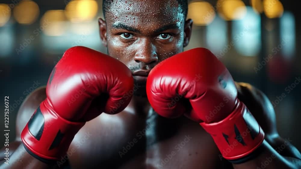 Focused Boxer: A close-up portrait of a determined boxer, his gaze intense as he holds his red boxing gloves in front of him. The background is a blurred gym setting. Focused Boxer: A close-up portrait of a determined boxer, his gaze intense as he holds his red boxing gloves in front of him. The background is a blurred gym setting.