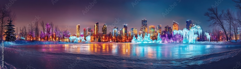 Obraz premium Colorful illuminated city skyline reflecting on icy water during twilight.