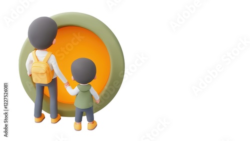 A stylized illustration of an adult and a child holding hands, gazing into a circular, colorful opening, symbolizing exploration and connection.