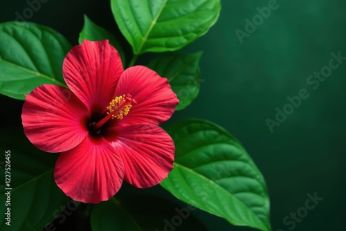 Lush green monstera leaves, vibrant hibiscus bloom , foliage, detail