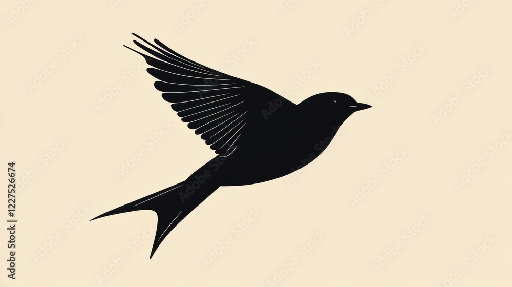 Fototapeta premium Black bird in flight against a soft background showcasing elegant wing movement and graceful silhouette. Generative AI