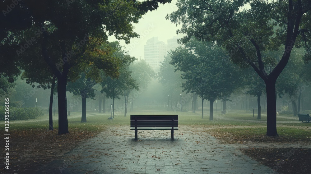 A tranquil park scene shrouded in fog, featuring a solitary bench surrounded by lush trees, creating a serene and contemplative atmosphere. A tranquil park scene shrouded in fog, featuring a solitary bench surrounded by lush trees, creating a serene and contemplative atmosphere.