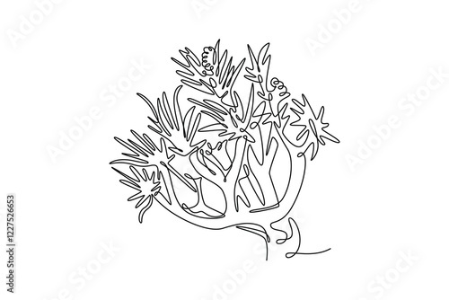 Single one line drawing of quiver tree forest. Decorative kokerboom woud tree for national park logo. Tour and travel vacation concept. Modern continuous line draw design graphic vector illustration