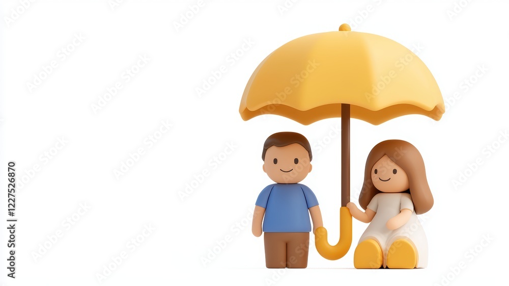 Two playful figurines share a bright yellow umbrella, showcasing a cheerful scene of companionship and protection against the elements.