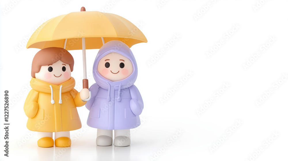 Two cute cartoon figures under a yellow umbrella, dressed in colorful raincoats, standing together in a cheerful, playful setting. Two cute cartoon figures under a yellow umbrella, dressed in colorful raincoats, standing together in a cheerful, playful setting.