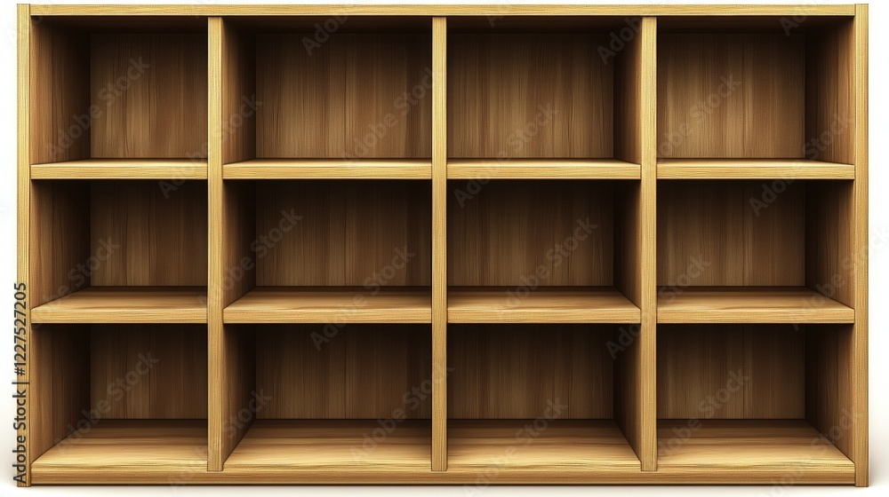 Empty Wooden Bookshelves in a Minimalistic Design With Multiple Compartments for Decorative Display and Storage Solutions Empty Wooden Bookshelves in a Minimalistic Design With Multiple Compartments for Decorative Display and Storage Solutions
