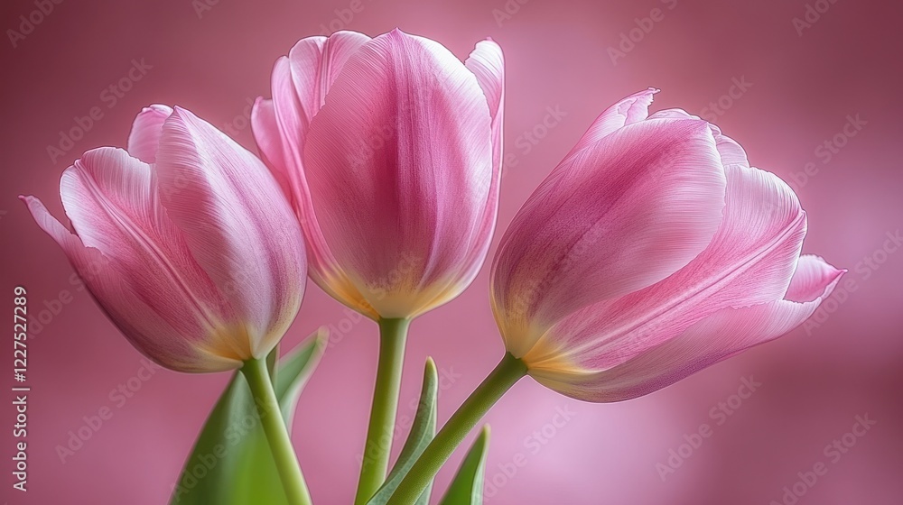 Fototapeta premium Three pink tulips on pink background.