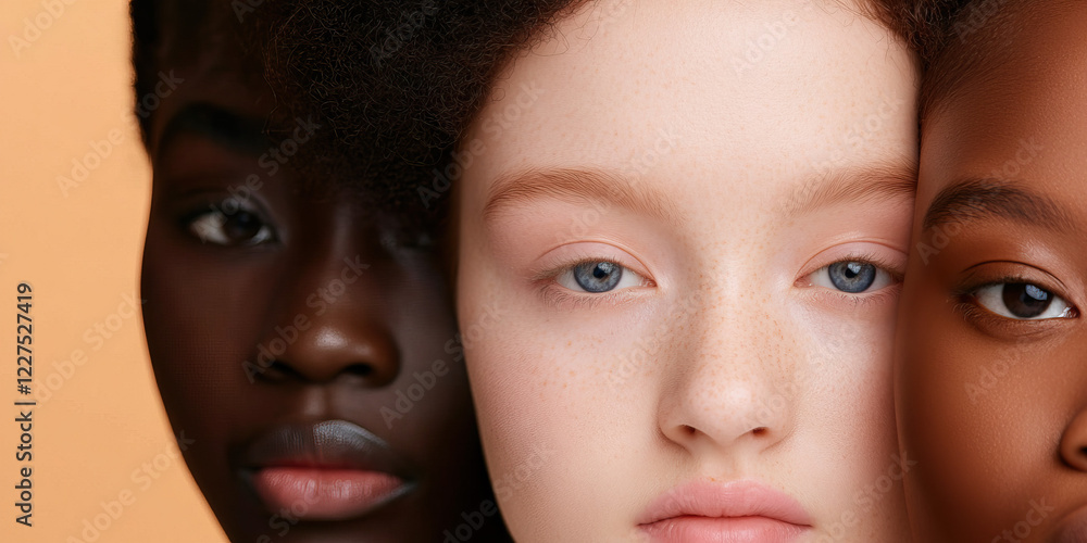 Close-up of Three Women's Faces Showing Diverse Skin Tones Close-up of Three Women's Faces Showing Diverse Skin Tones