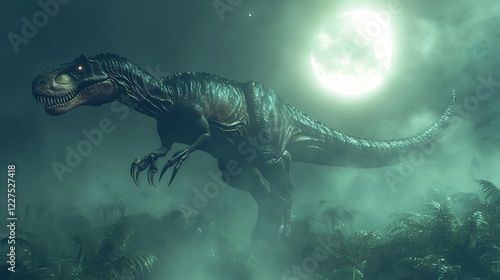 Herrerasaurus ischigualastensis the Herrerasauridae family prowling through a misty jungle during the Late Triassic period under crescent moonlight photo