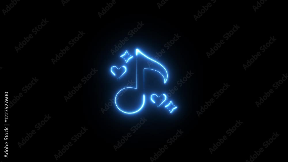 Music neon icon, neon animation of music on black background Music neon icon, neon animation of music on black background